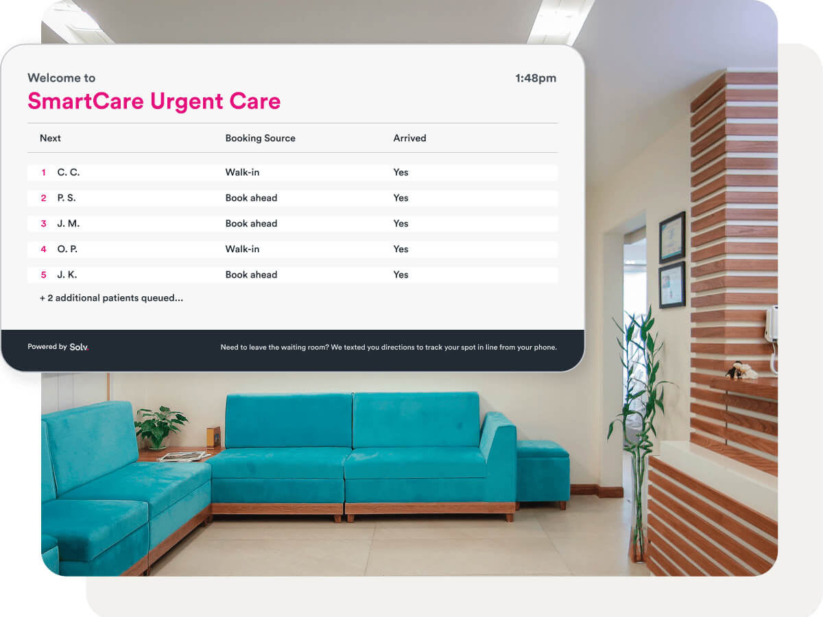 Patient waiting room organized with Solv App